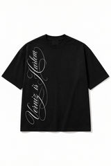 Black oversized tshirt with sweeping Harlem calligraphy script print from shoulder to hem, drop shoulder boxy fit, men India