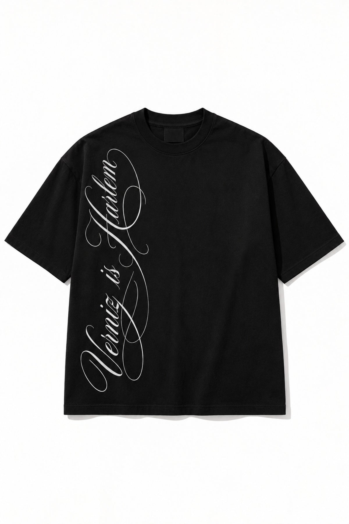 Black oversized tshirt with sweeping Harlem calligraphy script print from shoulder to hem, drop shoulder boxy fit, men India
