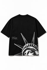 Black oversized tshirt with sweeping Harlem calligraphy script print from shoulder to hem, drop shoulder boxy fit, men India