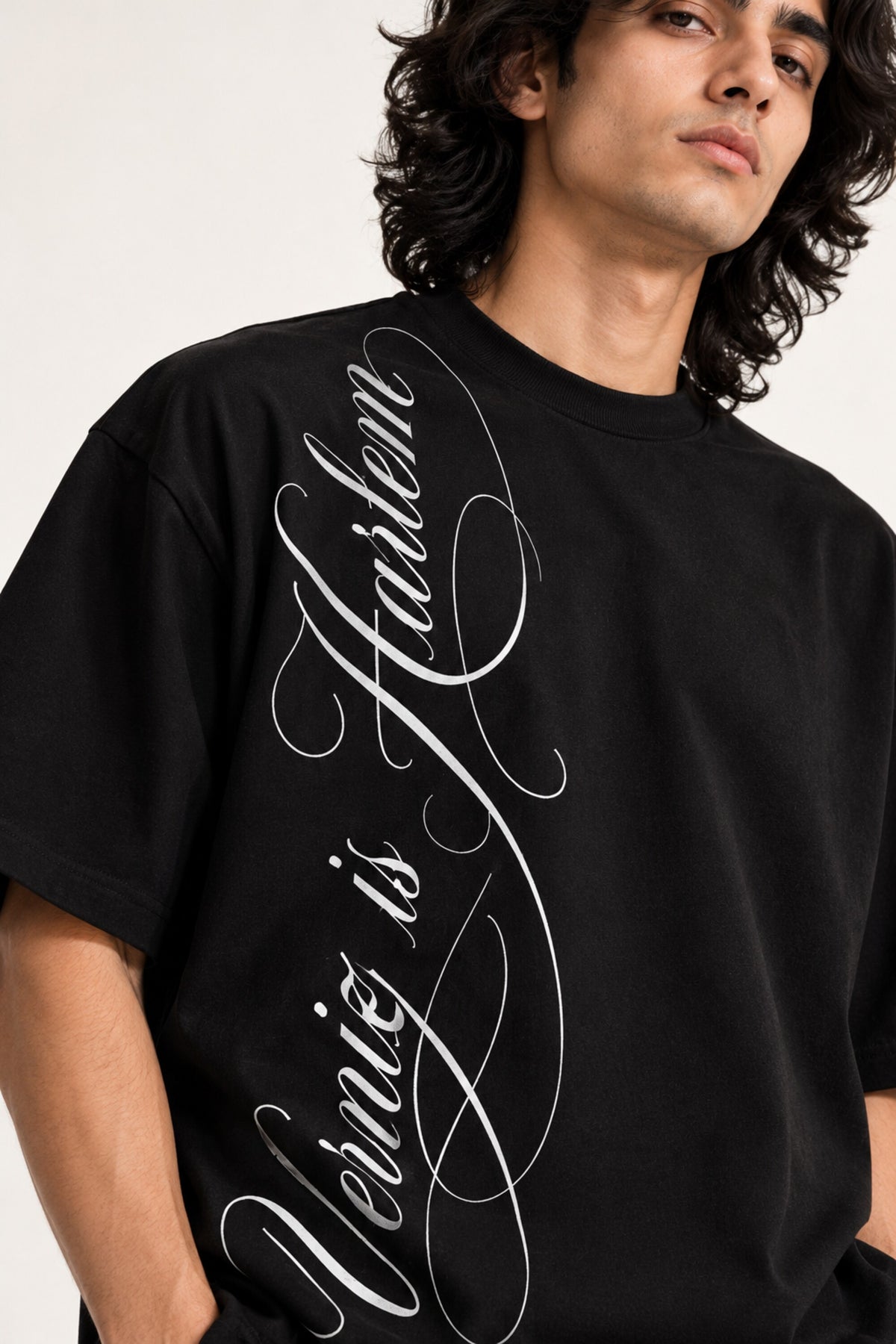 Black oversized tshirt with sweeping Harlem calligraphy script print from shoulder to hem, drop shoulder boxy fit, men India