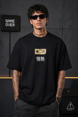 Black oversized t-shirt with retro golden game controller and Japanese passion kanji print, gamer streetwear India