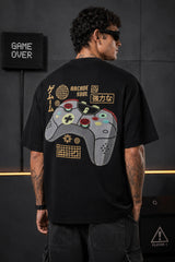 Black oversized t-shirt with retro golden game controller and Japanese passion kanji print, gamer streetwear India