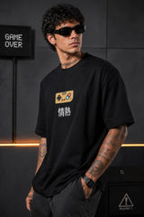 Black oversized t-shirt with retro golden game controller and Japanese passion kanji print, gamer streetwear India