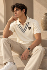 Male model wearing cricket club polo tshirt India – contrast tipping V-neck cricket sweater inspired – PopCase ₹999