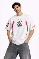 White oversized t-shirt with RCB Royal Challengers Bangalore lion crest number 18 and virat red cursive on sleeves red side stripes