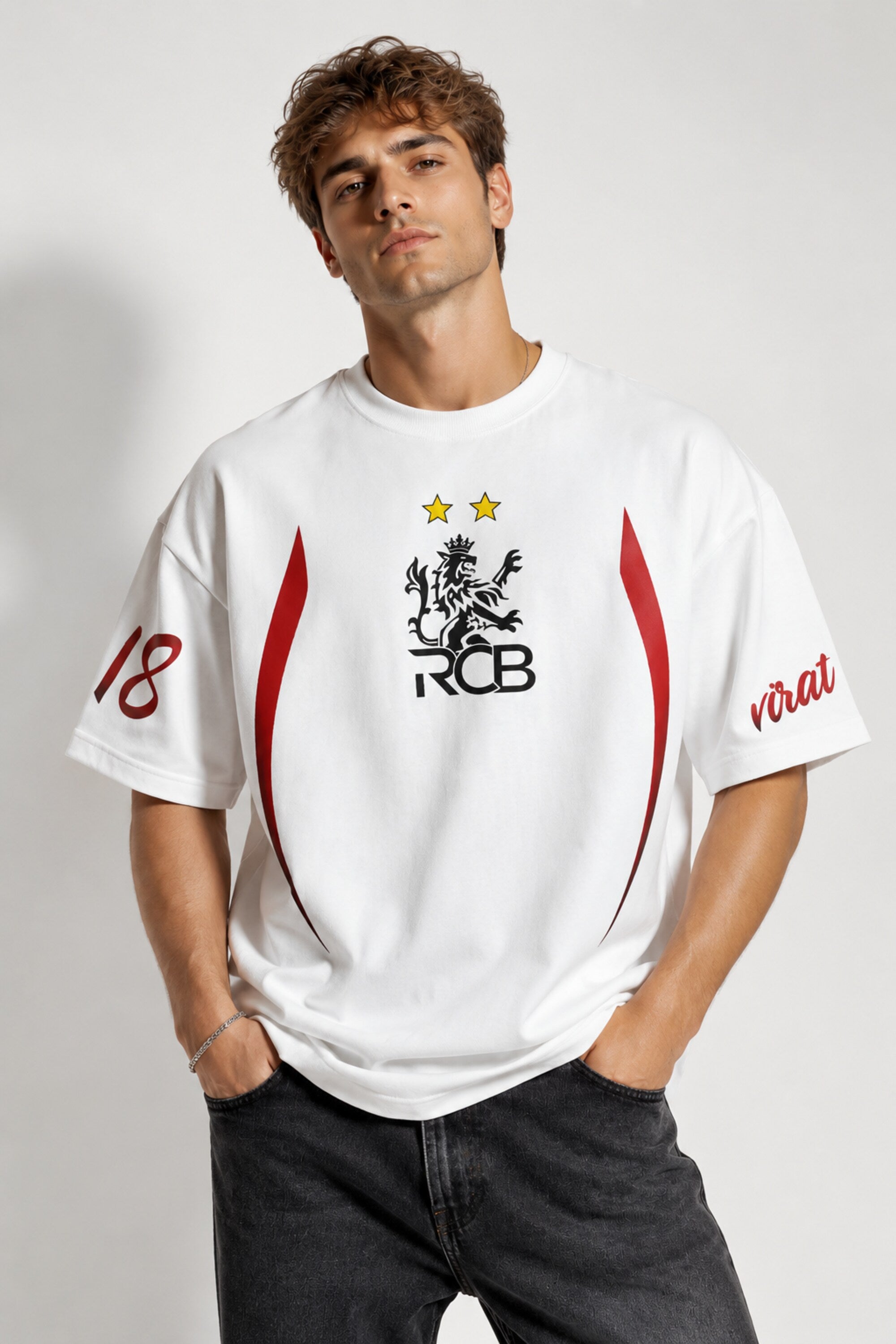 White oversized t-shirt with RCB Royal Challengers Bangalore lion crest number 18 and virat red cursive on sleeves red side stripes