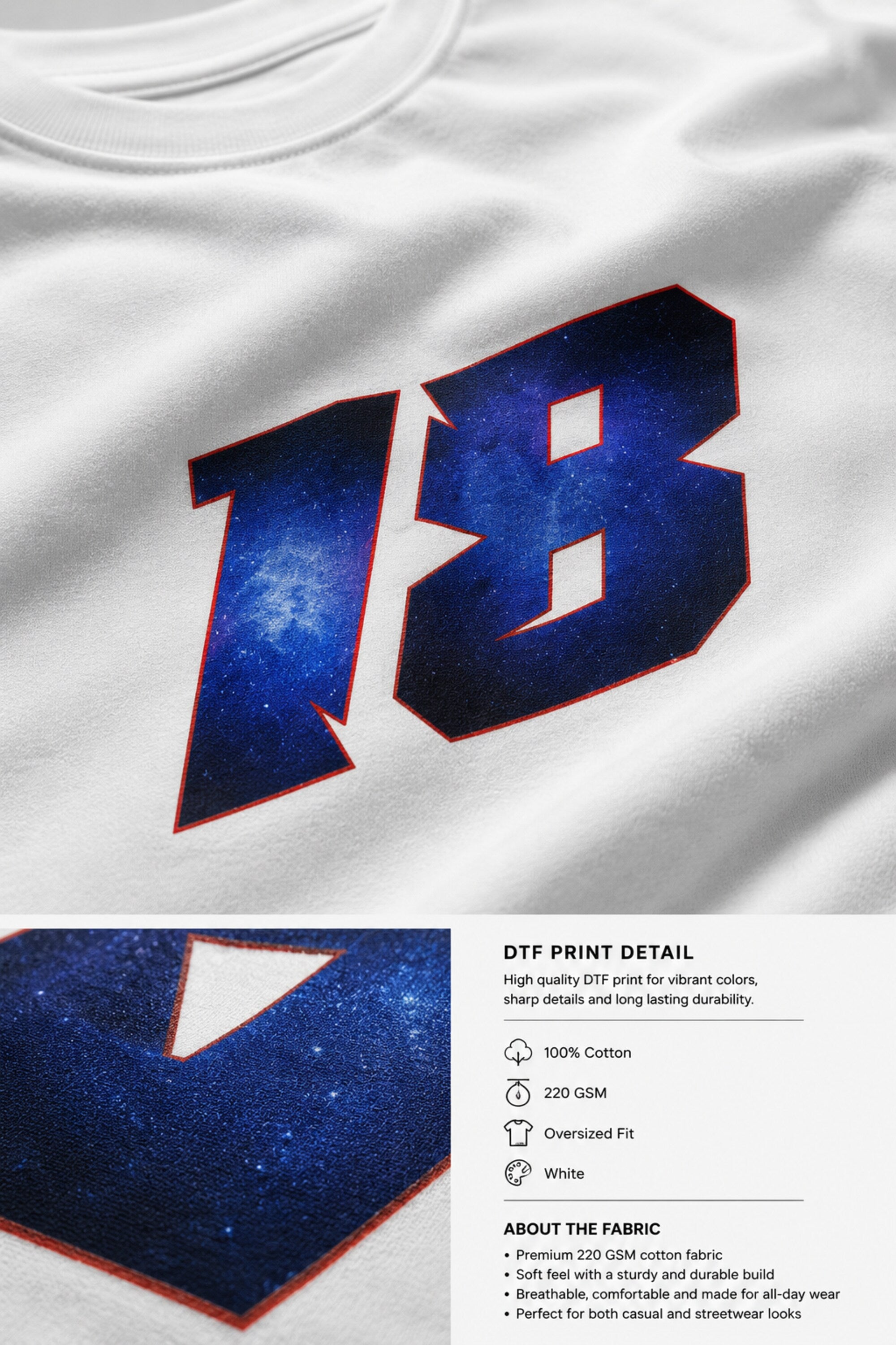 Man wearing a white VIRAT MCG 18 Vs PAK oversized t-shirt with a blue galaxy-themed '18' graphic. He is sitting on steps, showcasing the relaxed fit and streetwear style.