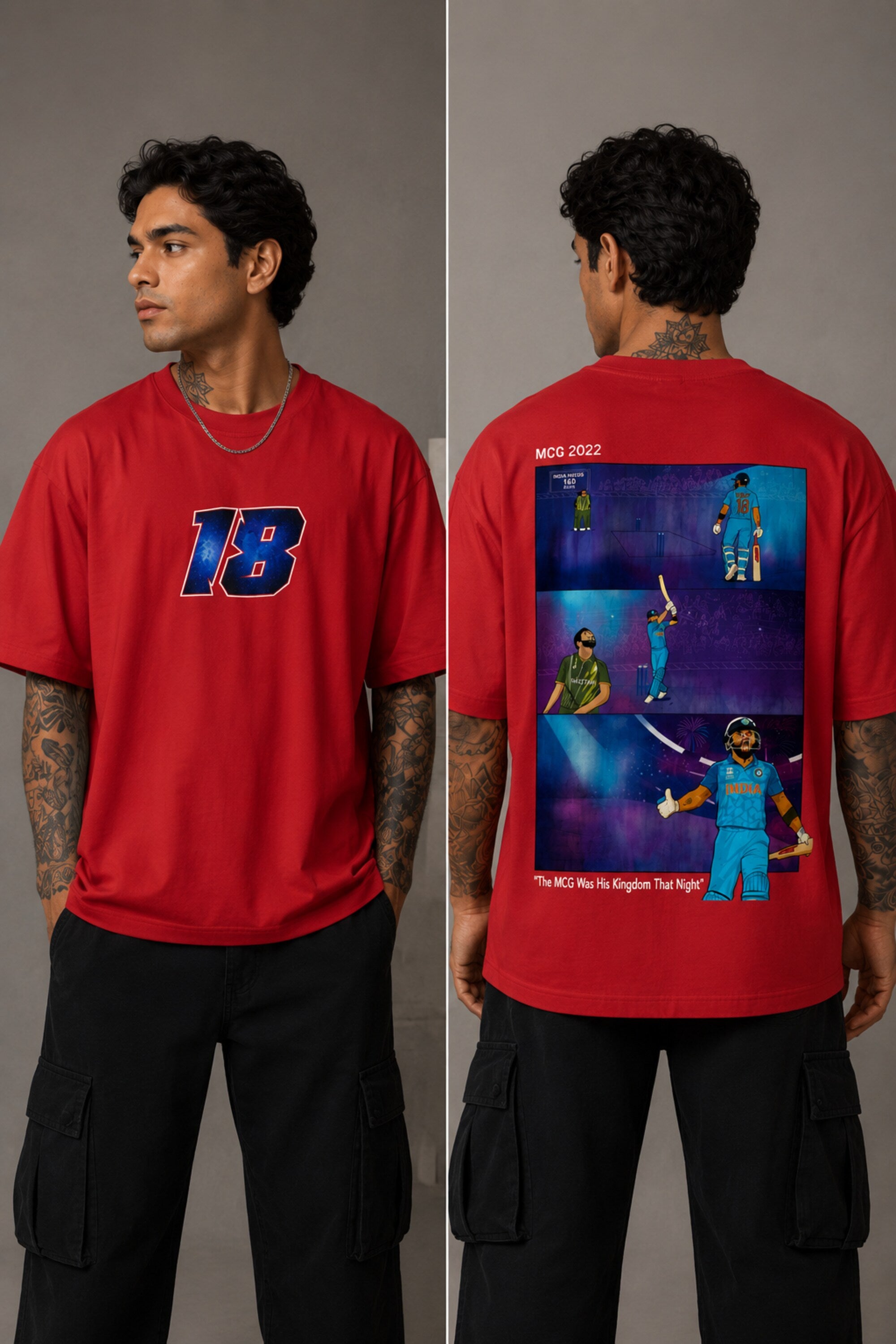 Man wearing a white VIRAT MCG 18 Vs PAK oversized t-shirt with a blue galaxy-themed '18' graphic. He is sitting on steps, showcasing the relaxed fit and streetwear style. - red