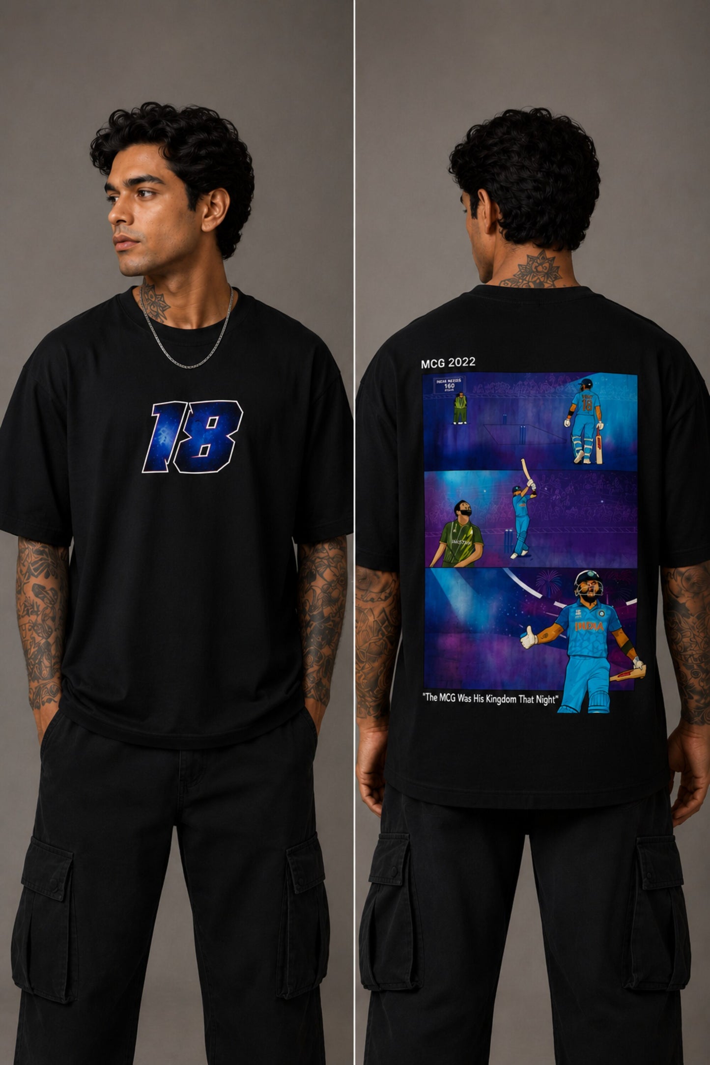 Man wearing a white VIRAT MCG 18 Vs PAK oversized t-shirt with a blue galaxy-themed '18' graphic. He is sitting on steps, showcasing the relaxed fit and streetwear style. - black