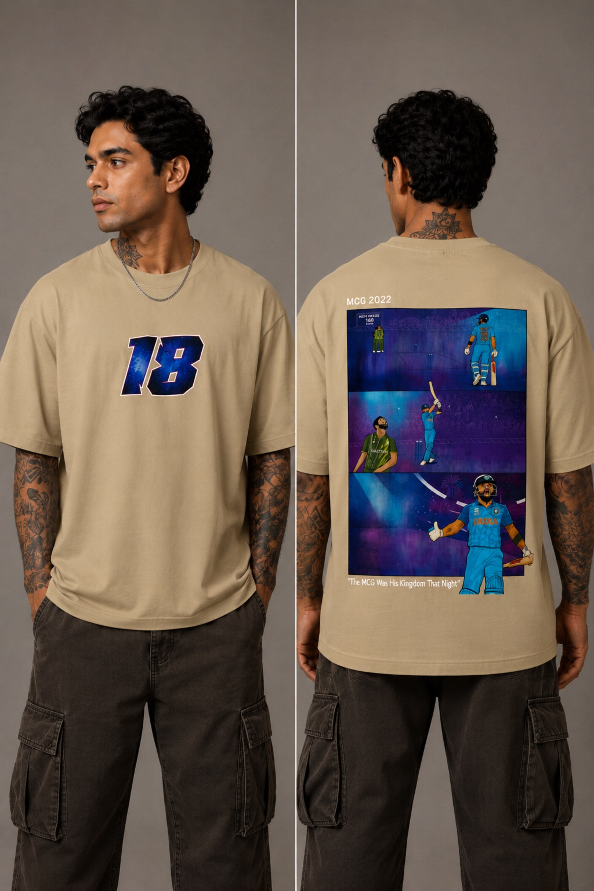 Man wearing a white VIRAT MCG 18 Vs PAK oversized t-shirt with a blue galaxy-themed '18' graphic. He is sitting on steps, showcasing the relaxed fit and streetwear style. - beige