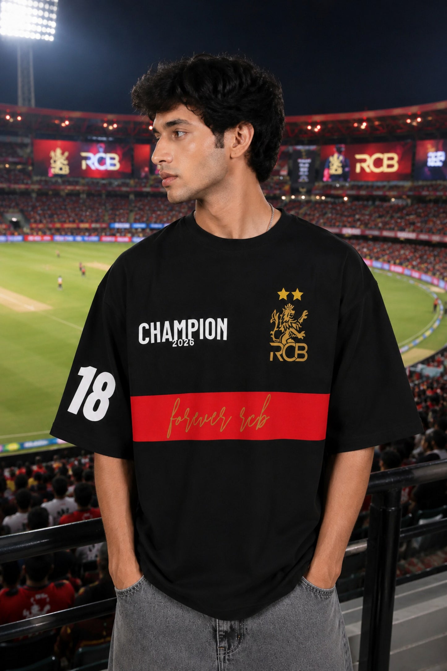 Black oversized t-shirt with RCB Champion 2026 gold lion crest forever rcb red stripe and number 18 on sleeve 220 GSM DTF - black