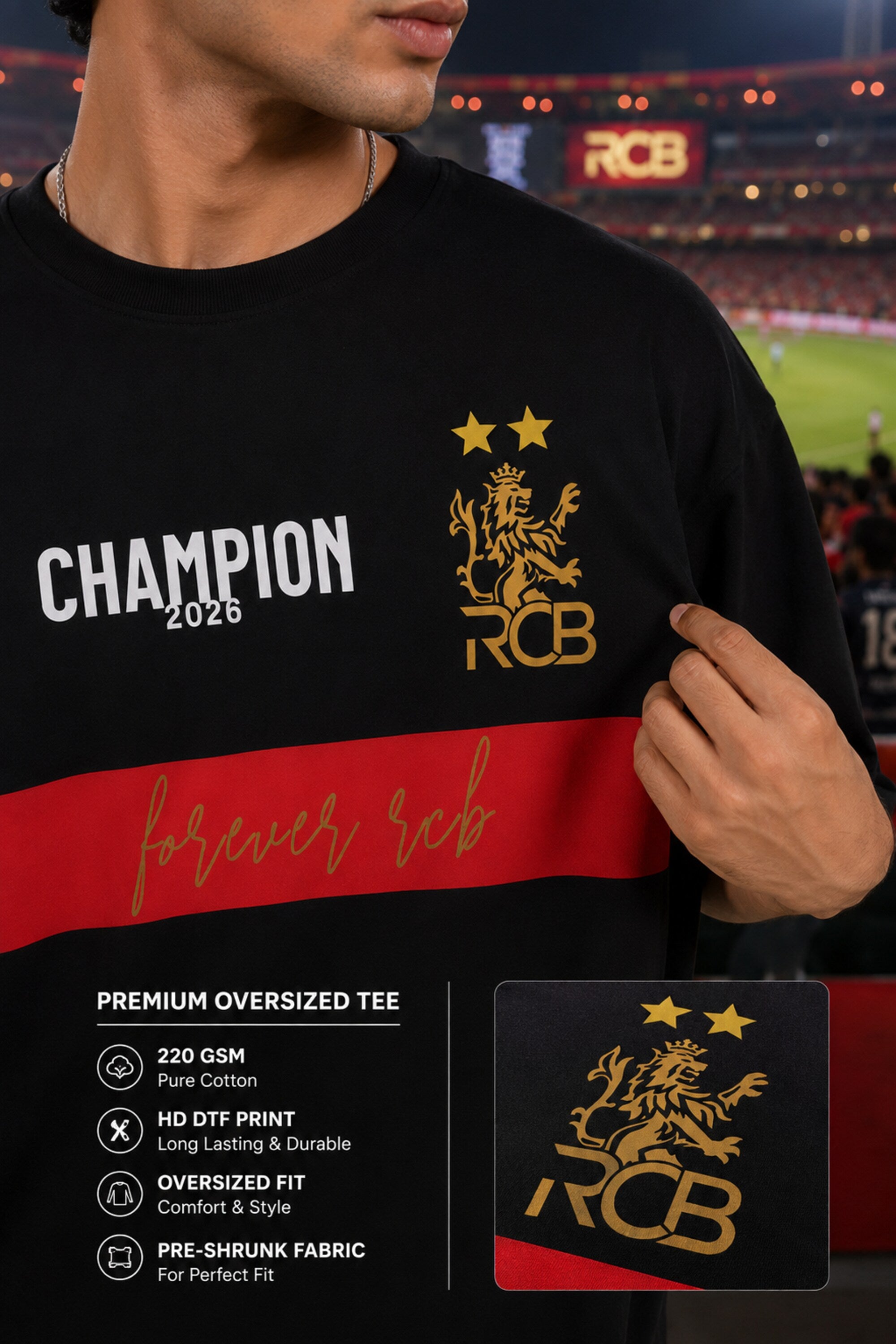 Black oversized t-shirt with RCB Champion 2026 gold lion crest forever rcb red stripe and number 18 on sleeve 220 GSM DTF