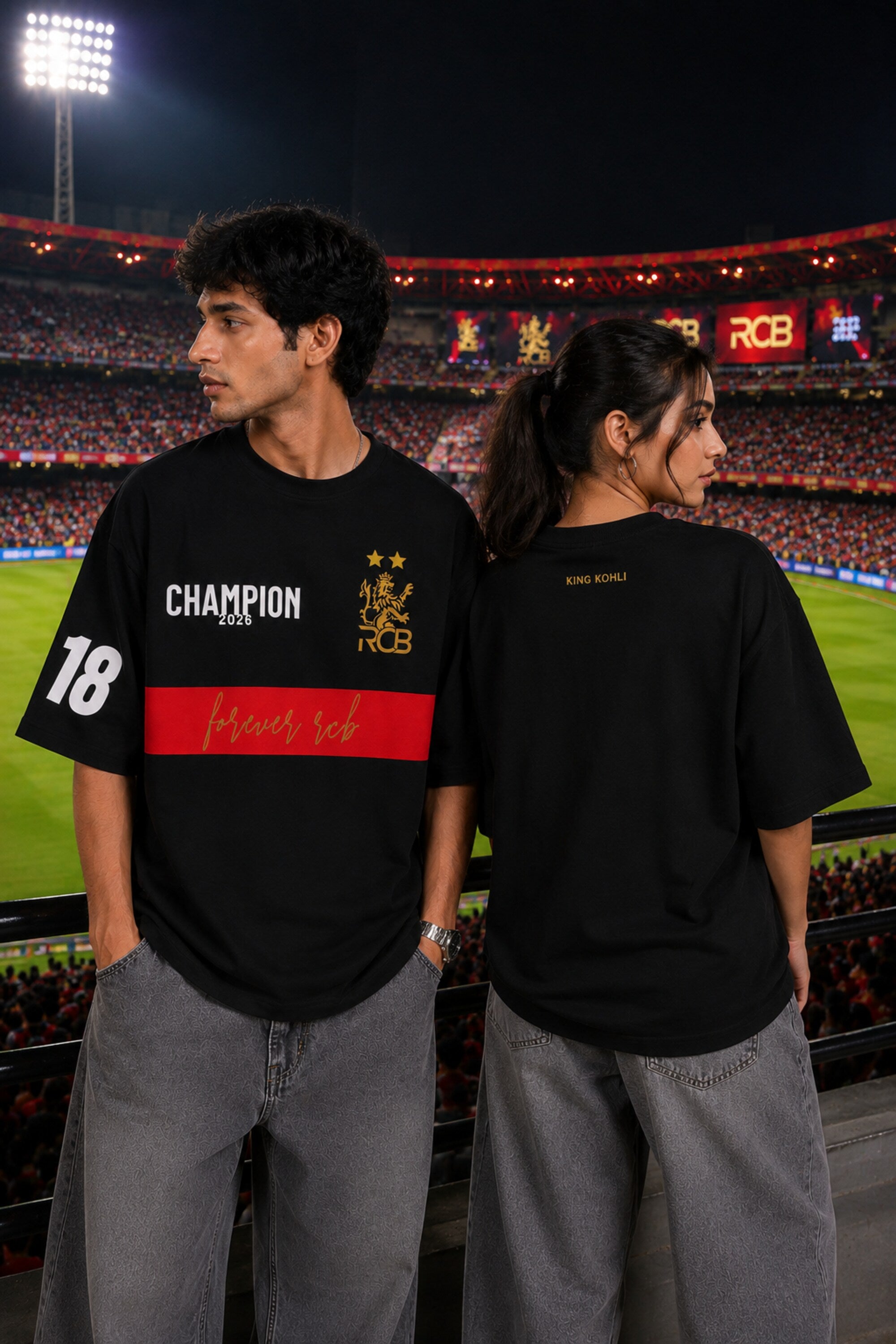 Black oversized t-shirt with RCB Champion 2026 gold lion crest forever rcb red stripe and number 18 on sleeve 220 GSM DTF