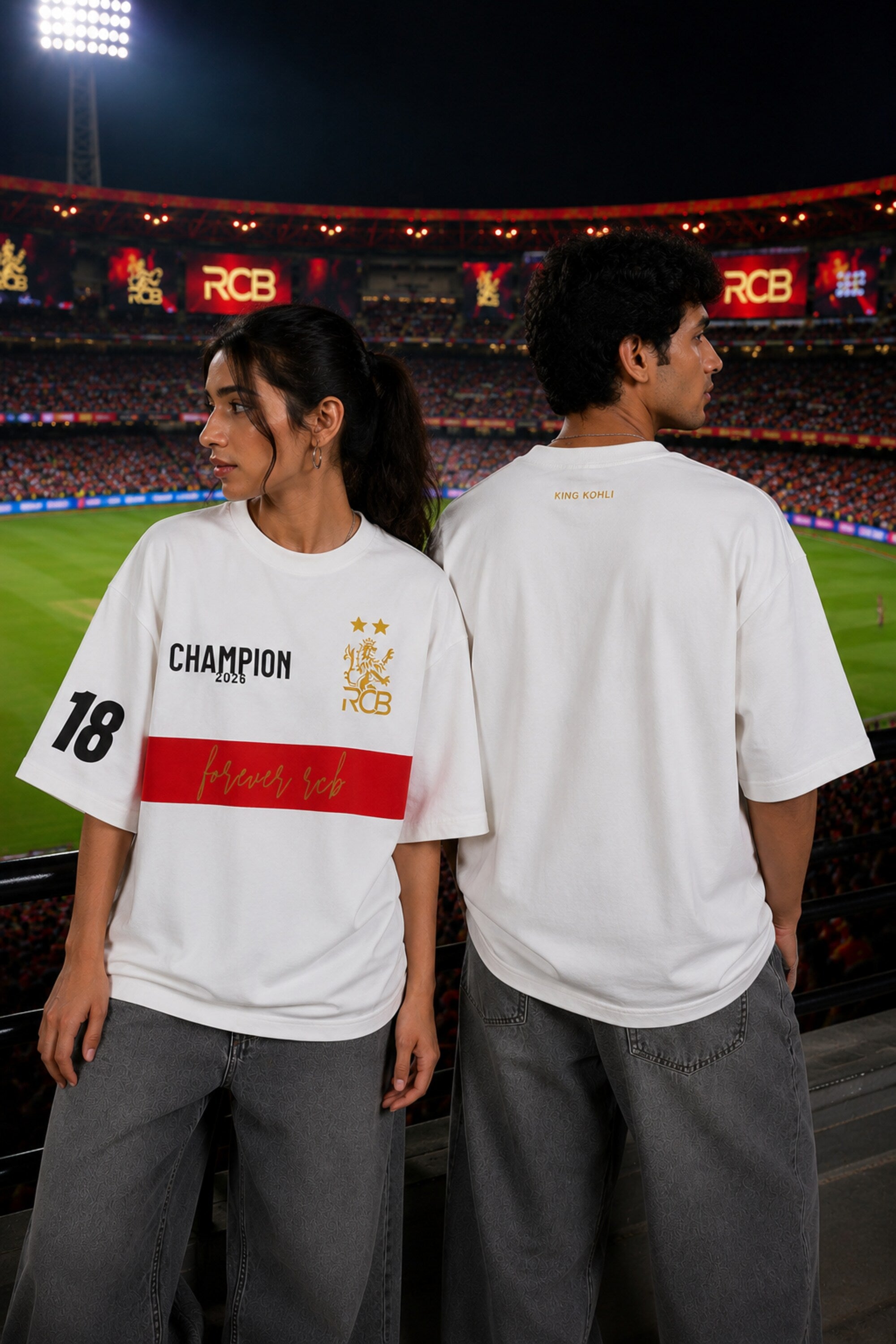 Black oversized t-shirt with RCB Champion 2026 gold lion crest forever rcb red stripe and number 18 on sleeve 220 GSM DTF - white