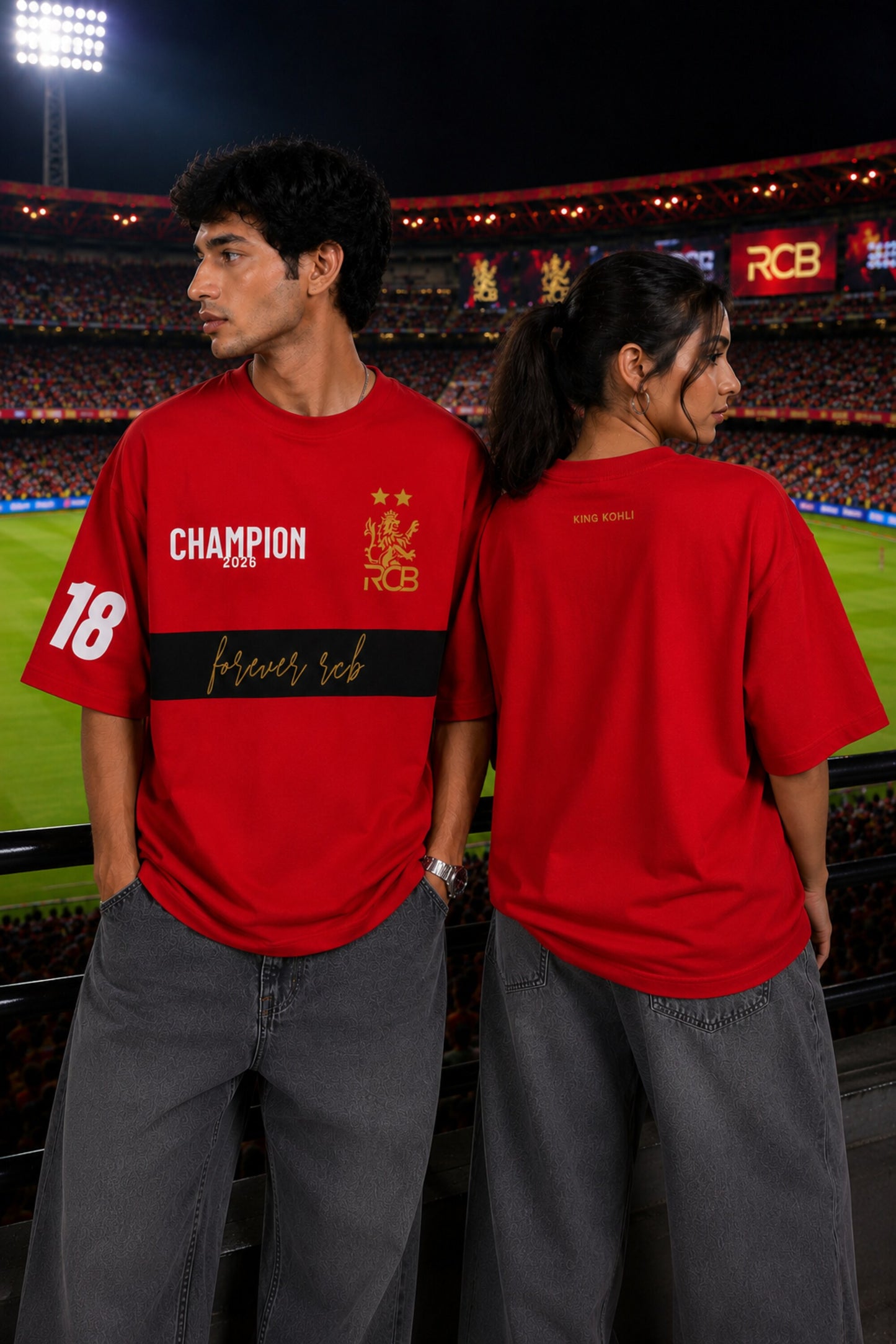 Black oversized t-shirt with RCB Champion 2026 gold lion crest forever rcb red stripe and number 18 on sleeve 220 GSM DTF - red
