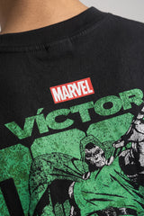 Black oversized tshirt with Marvel logo bold VICTOR green text and Dr Doom full-body illustration on back, drop shoulder boxy fit, men India - doom design shot 1