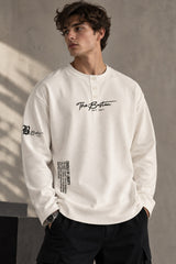 White waffle full sleeve boxy fit tshirt with henley collar, The Boston cursive chest print and B logo sleeve detail, men India - white
