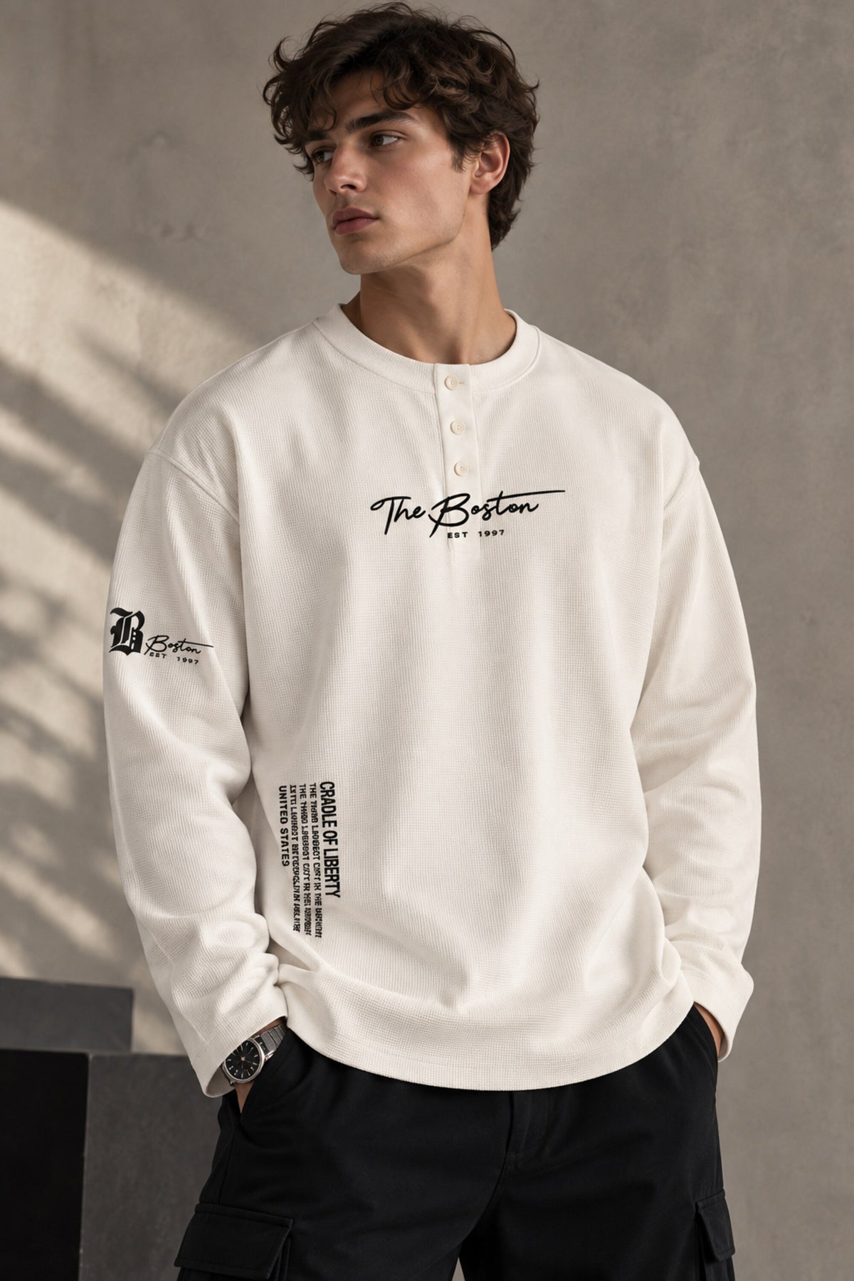White waffle full sleeve boxy fit tshirt with henley collar, The Boston cursive chest print and B logo sleeve detail, men India - white