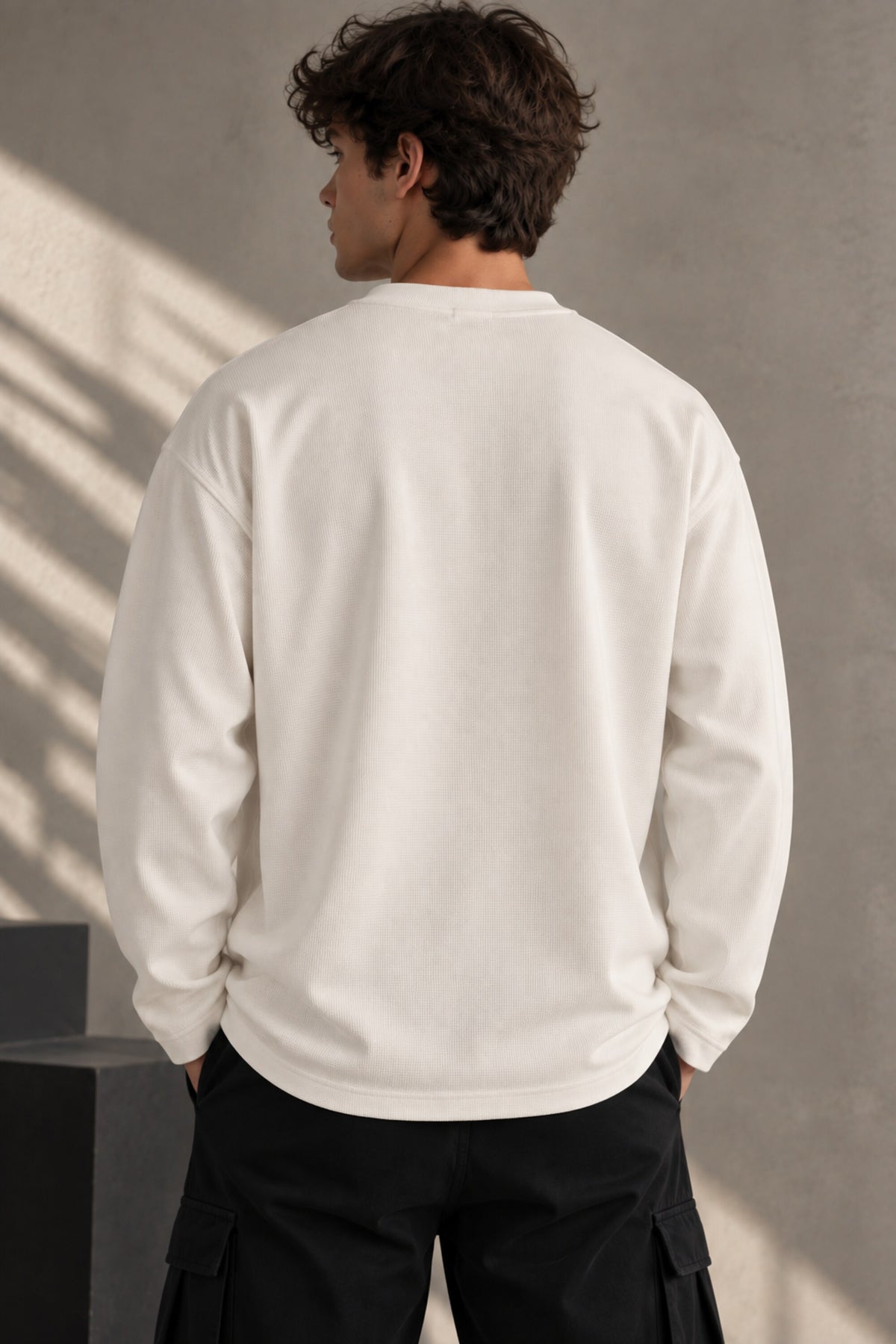 White waffle full sleeve boxy fit tshirt with henley collar, The Boston cursive chest print and B logo sleeve detail, men India