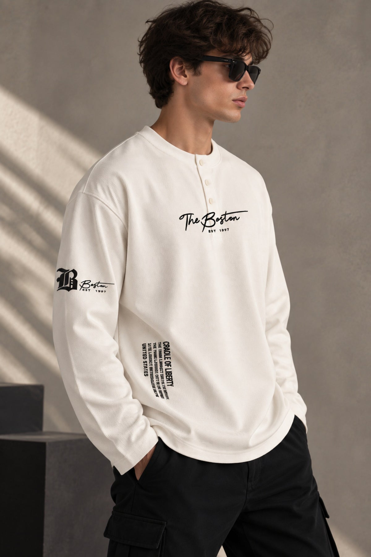 White waffle full sleeve boxy fit tshirt with henley collar, The Boston cursive chest print and B logo sleeve detail, men India