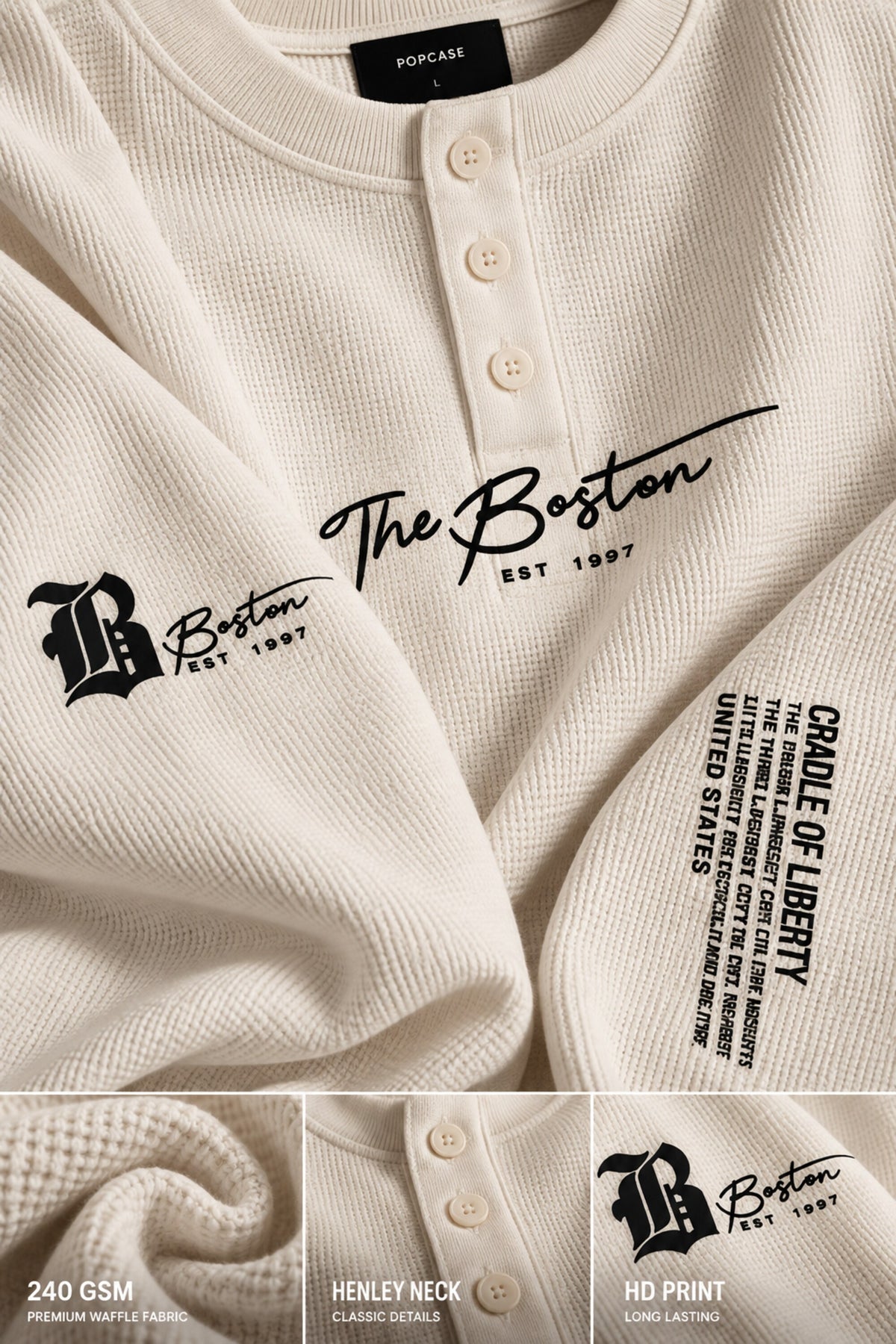 White waffle full sleeve boxy fit tshirt with henley collar, The Boston cursive chest print and B logo sleeve detail, men India