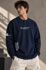 White waffle full sleeve boxy fit tshirt with henley collar, The Boston cursive chest print and B logo sleeve detail, men India - blue