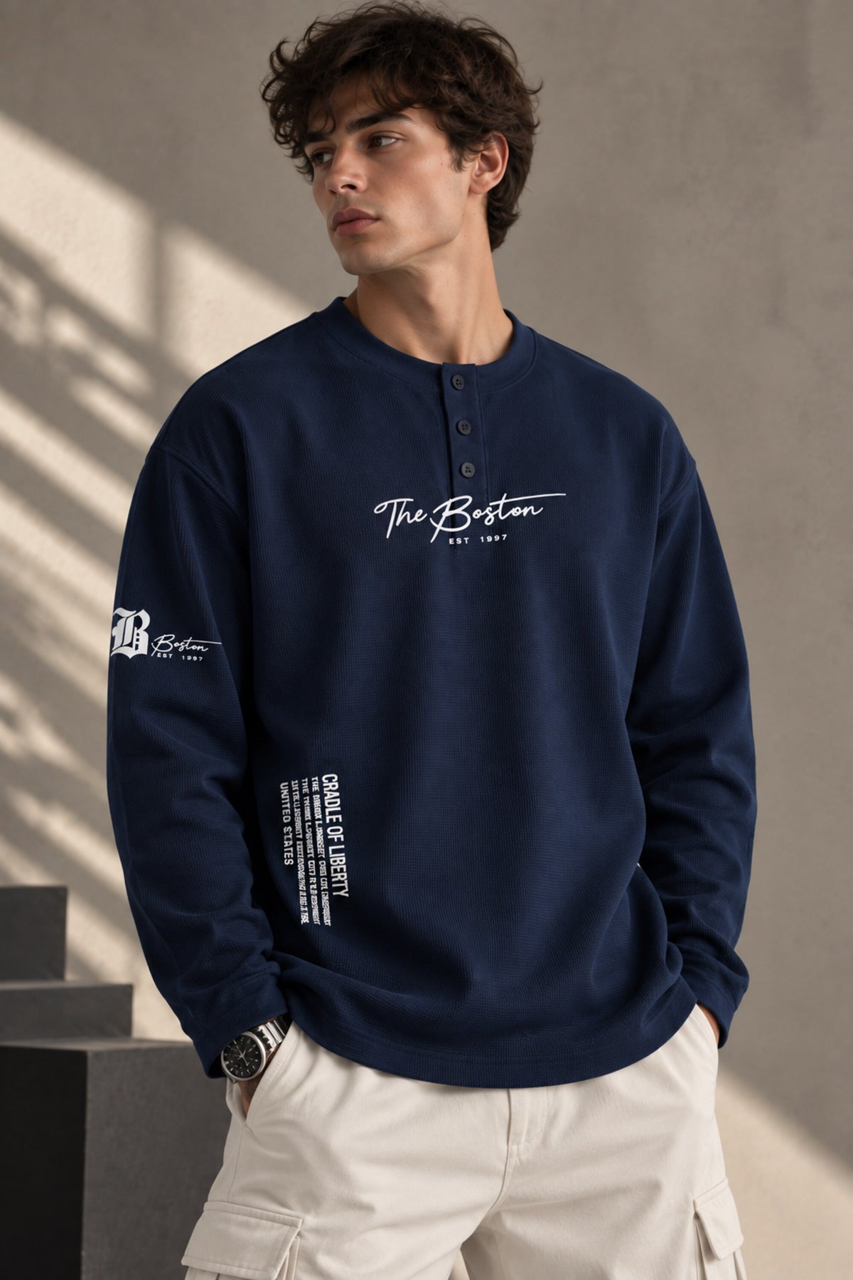White waffle full sleeve boxy fit tshirt with henley collar, The Boston cursive chest print and B logo sleeve detail, men India - blue