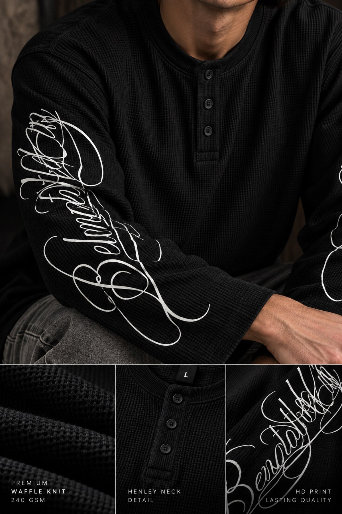 Black waffle full sleeve boxy fit tshirt with henley collar and white cursive script sleeve print, men India