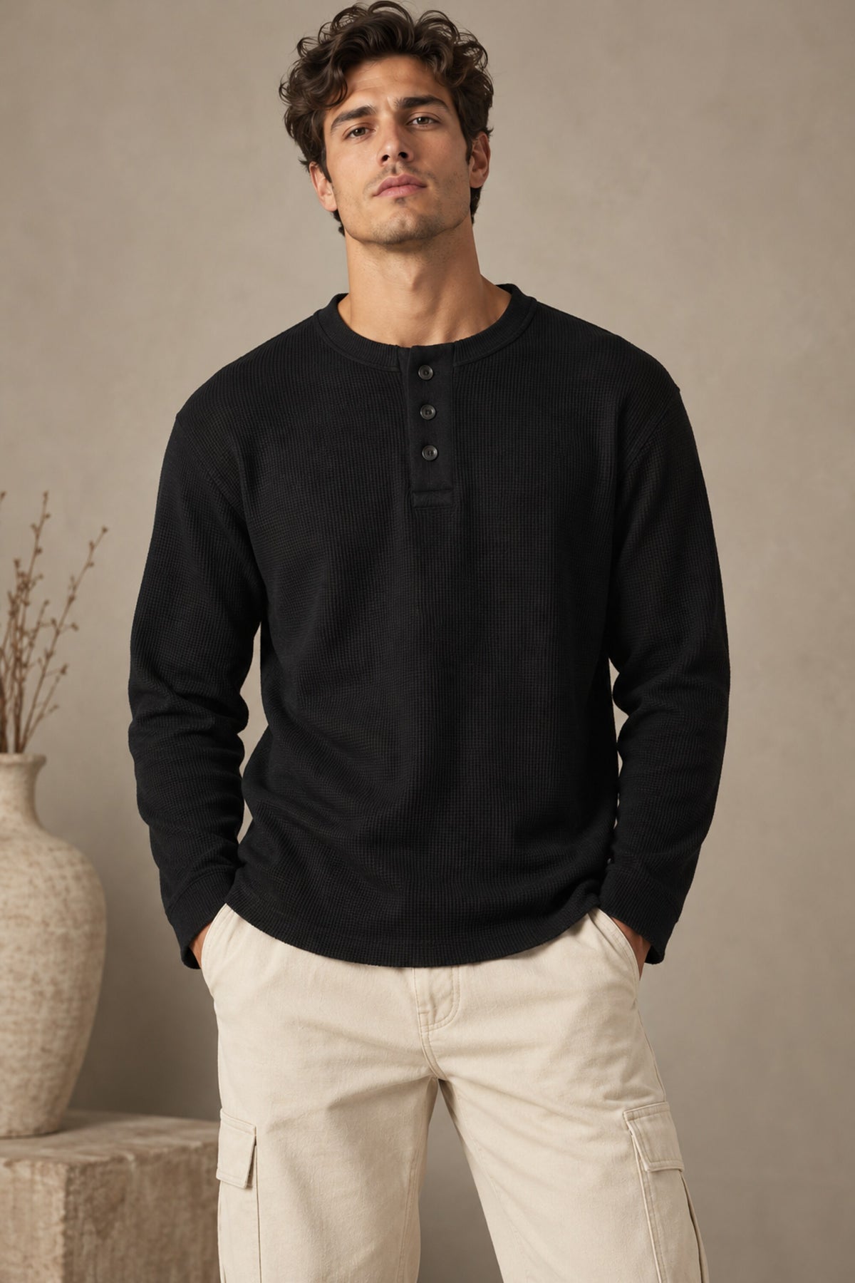 Black plain waffle full sleeve tshirt with boxy fit and henley collar, premium waffle texture fabric, men India - black