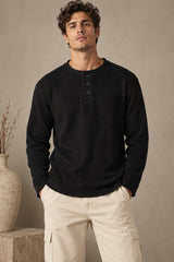 Black plain waffle full sleeve tshirt with boxy fit and henley collar, premium waffle texture fabric, men India - black
