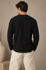 Black plain waffle full sleeve tshirt with boxy fit and henley collar, premium waffle texture fabric, men India
