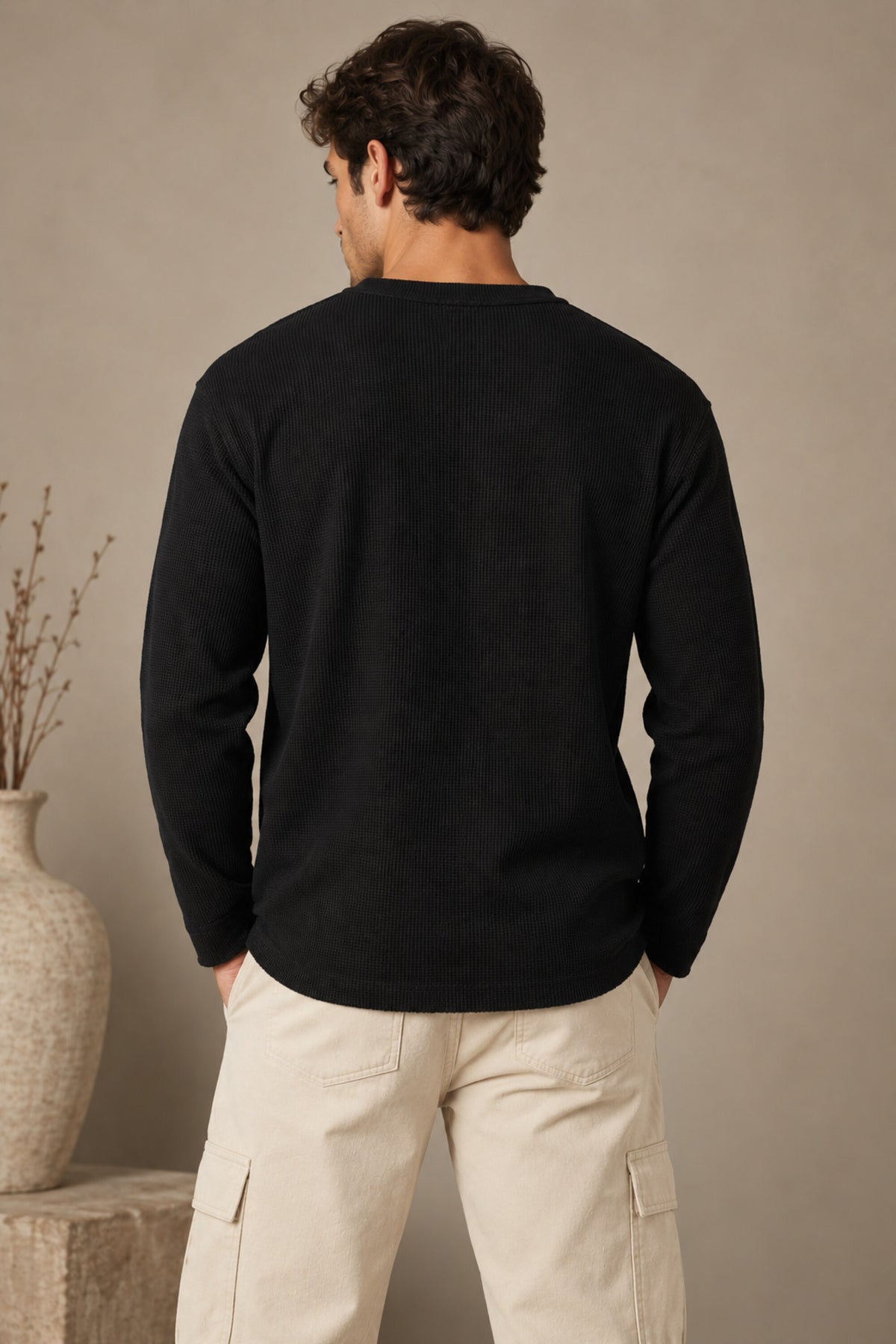 Black plain waffle full sleeve tshirt with boxy fit and henley collar, premium waffle texture fabric, men India