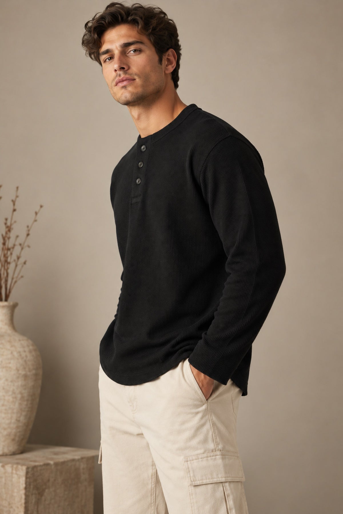 Black plain waffle full sleeve tshirt with boxy fit and henley collar, premium waffle texture fabric, men India