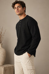Black plain waffle full sleeve tshirt with boxy fit and henley collar, premium waffle texture fabric, men India