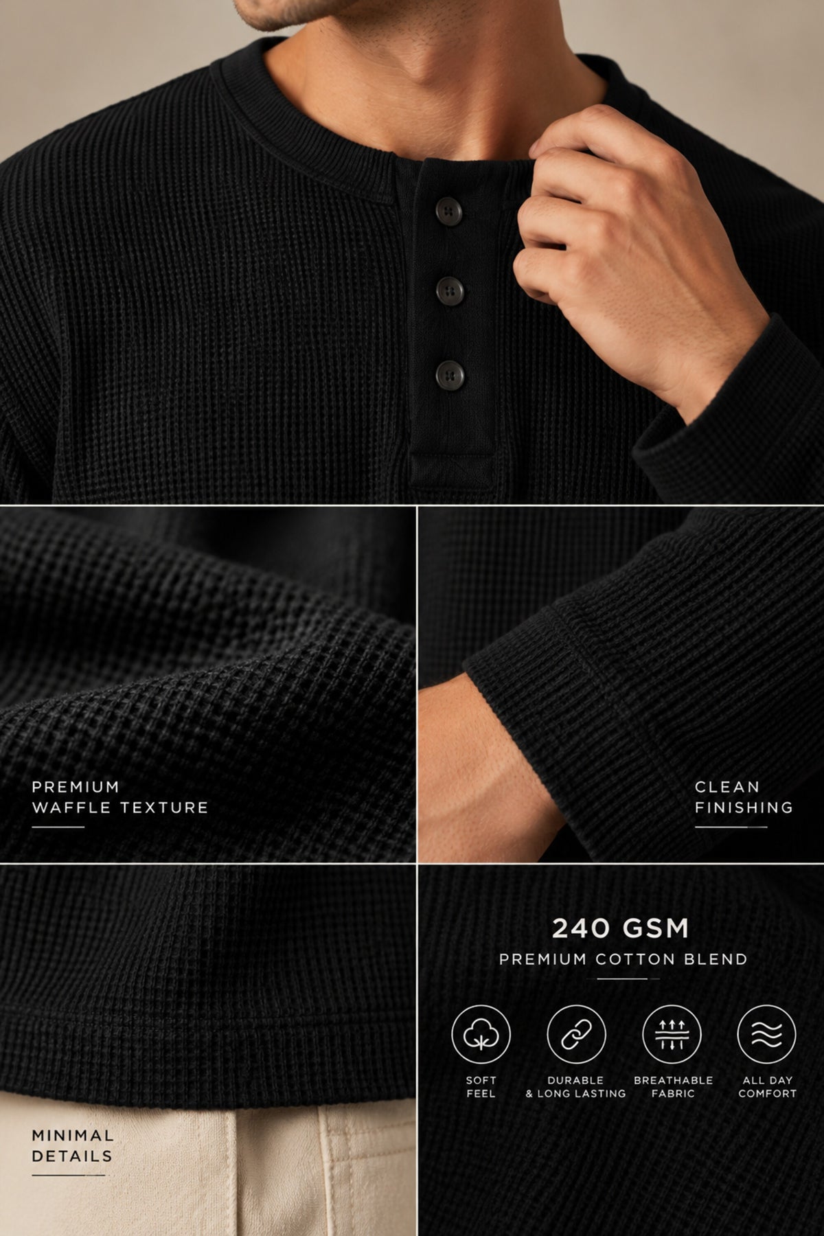 Black plain waffle full sleeve tshirt with boxy fit and henley collar, premium waffle texture fabric, men India