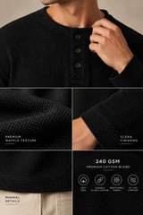 Black plain waffle full sleeve tshirt with boxy fit and henley collar, premium waffle texture fabric, men India
