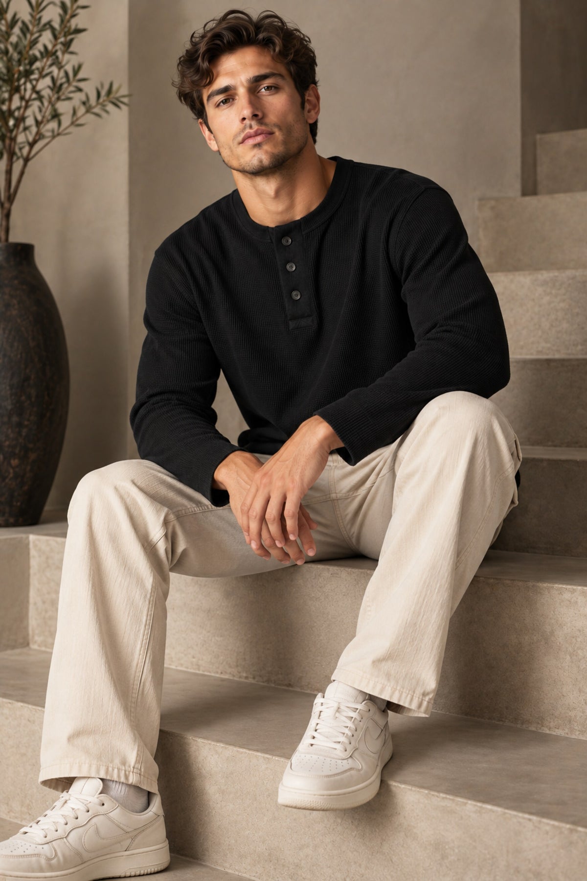 Black plain waffle full sleeve tshirt with boxy fit and henley collar, premium waffle texture fabric, men India
