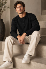 Black plain waffle full sleeve tshirt with boxy fit and henley collar, premium waffle texture fabric, men India