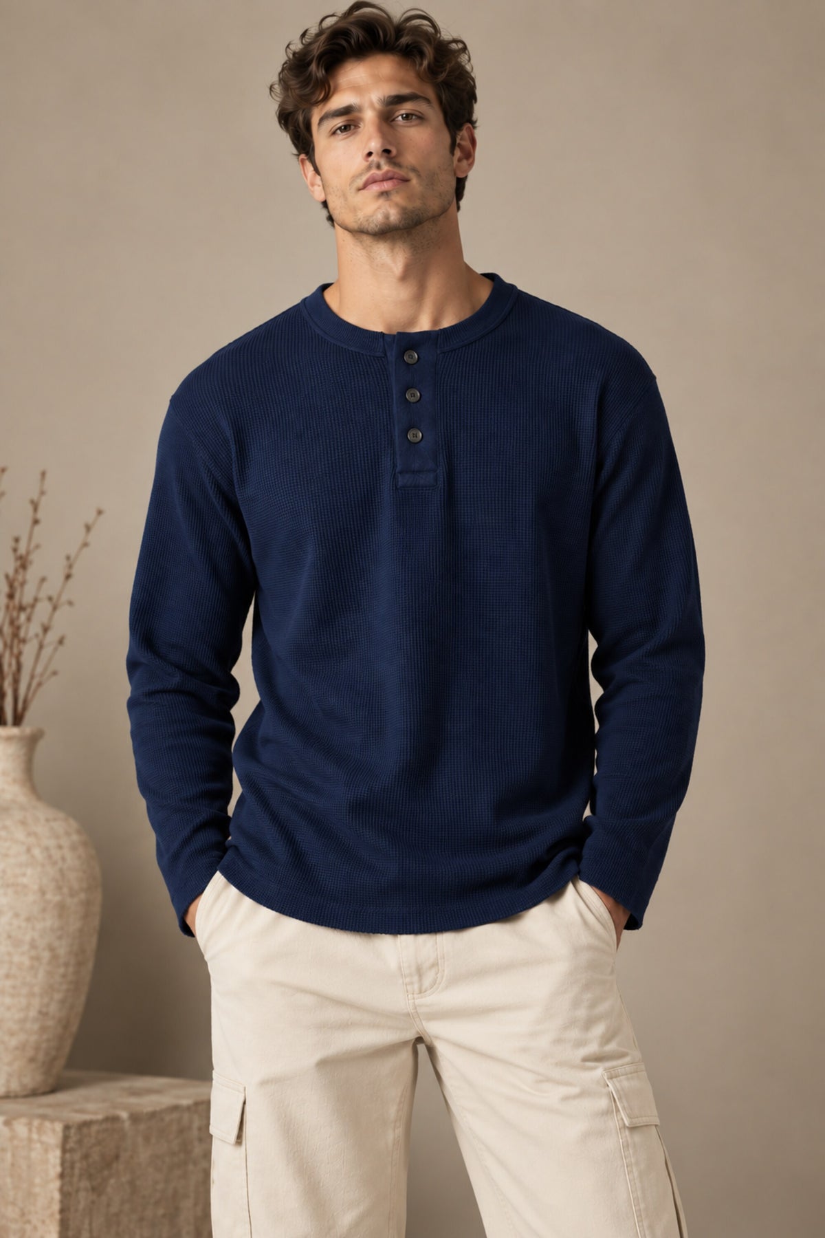 Black plain waffle full sleeve tshirt with boxy fit and henley collar, premium waffle texture fabric, men India - blue