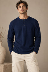 Black plain waffle full sleeve tshirt with boxy fit and henley collar, premium waffle texture fabric, men India - blue