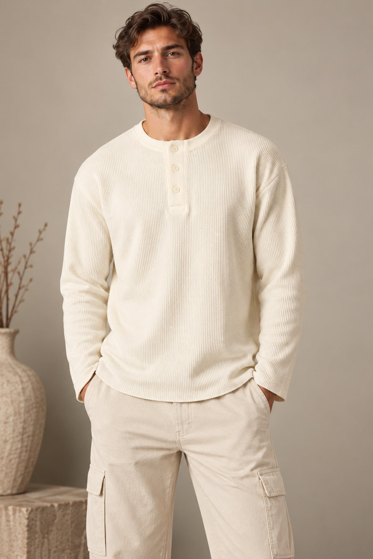 Black plain waffle full sleeve tshirt with boxy fit and henley collar, premium waffle texture fabric, men India - white