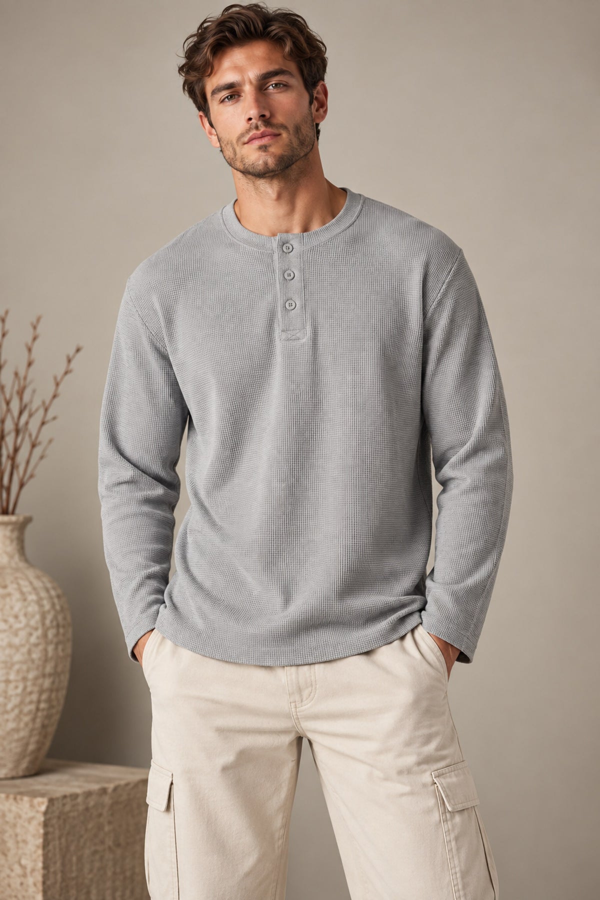 Black plain waffle full sleeve tshirt with boxy fit and henley collar, premium waffle texture fabric, men India - grey
