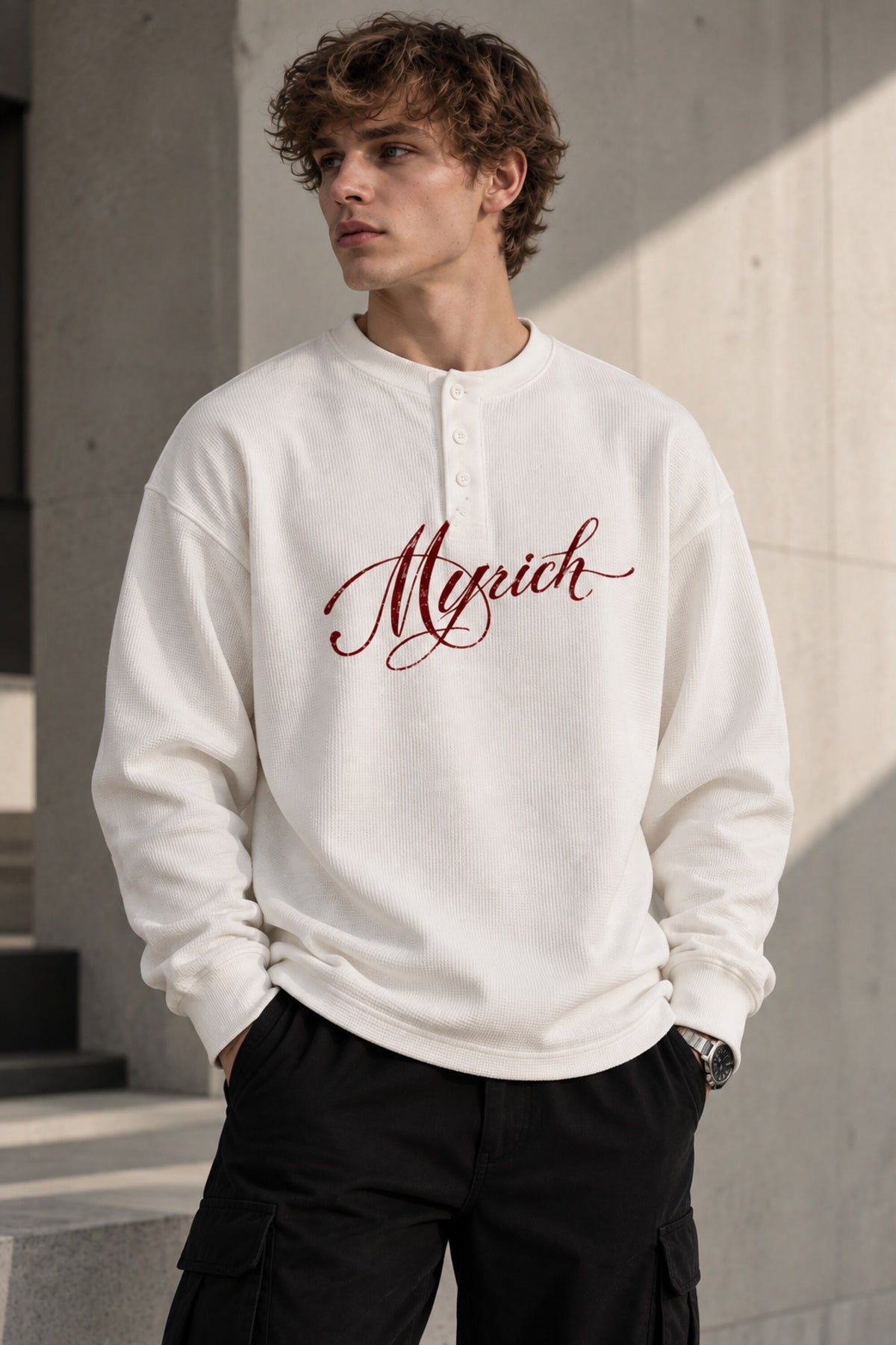 White waffle full sleeve tshirt with boxy fit, henley collar and Munich cursive script print on chest, men India