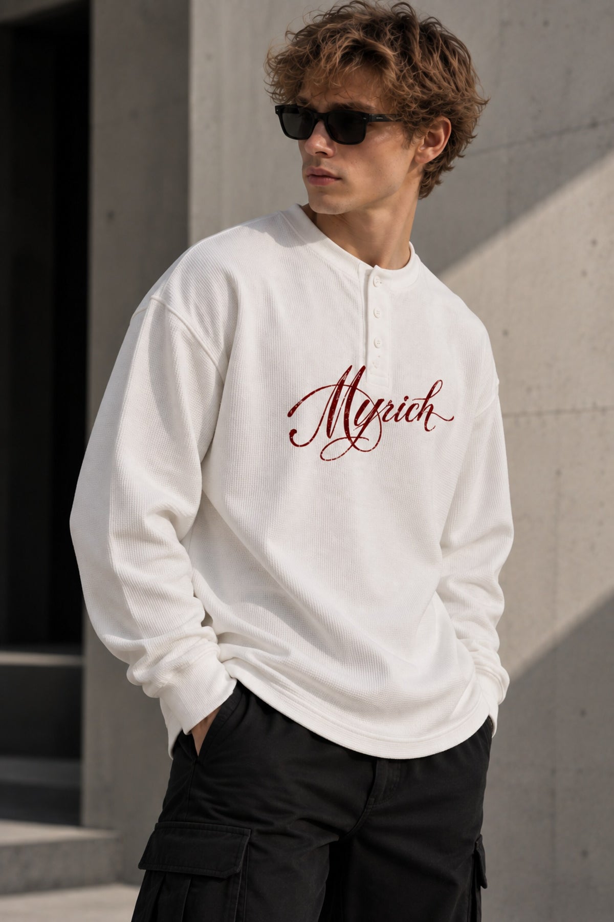 White waffle full sleeve tshirt with boxy fit, henley collar and Munich cursive script print on chest, men India