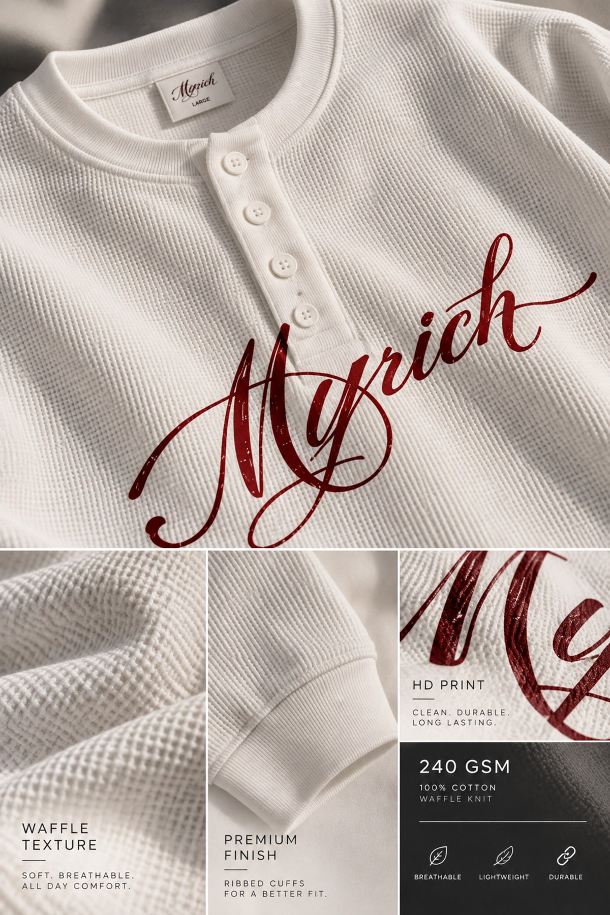 White waffle full sleeve tshirt with boxy fit, henley collar and Munich cursive script print on chest, men India