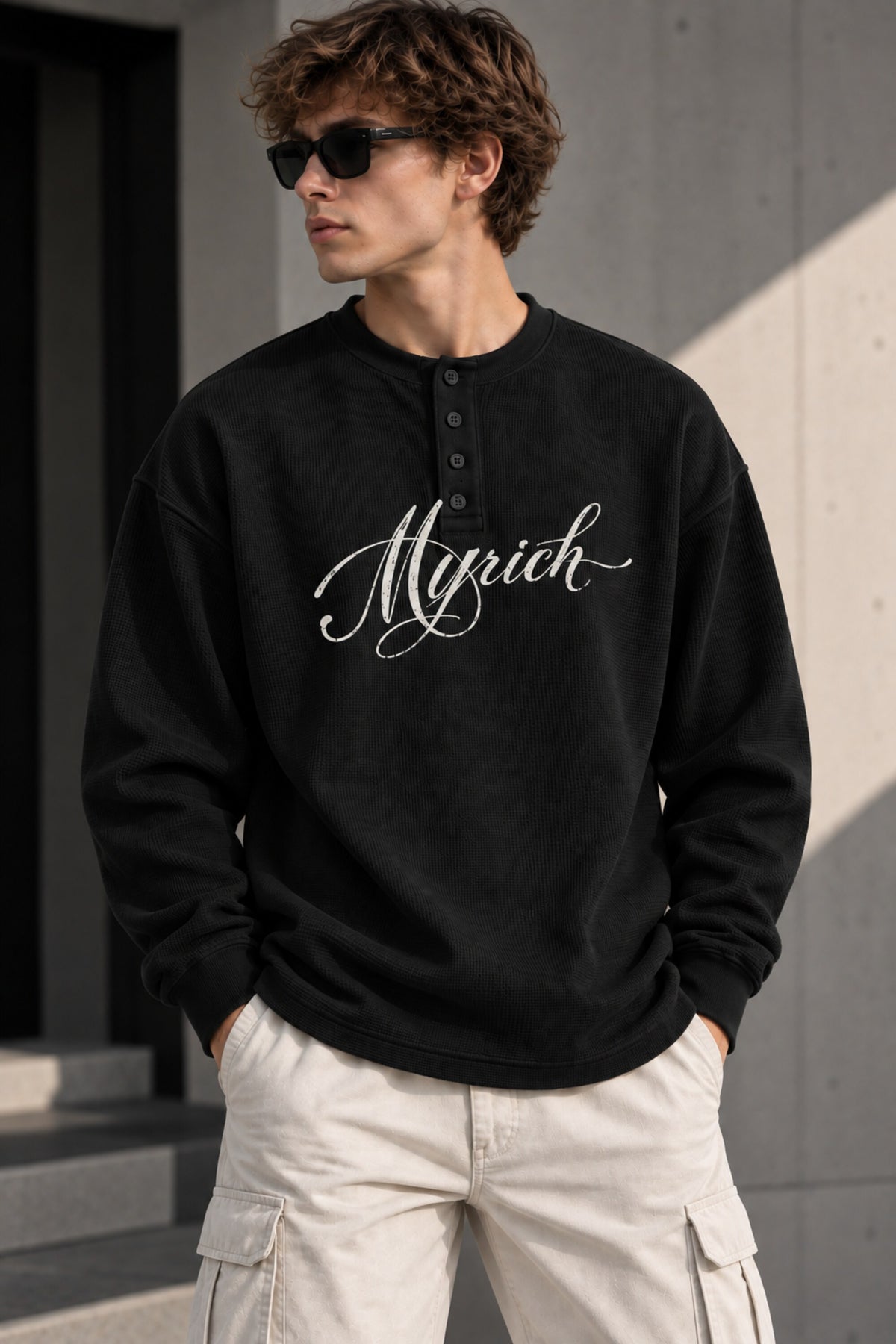 White waffle full sleeve tshirt with boxy fit, henley collar and Munich cursive script print on chest, men India