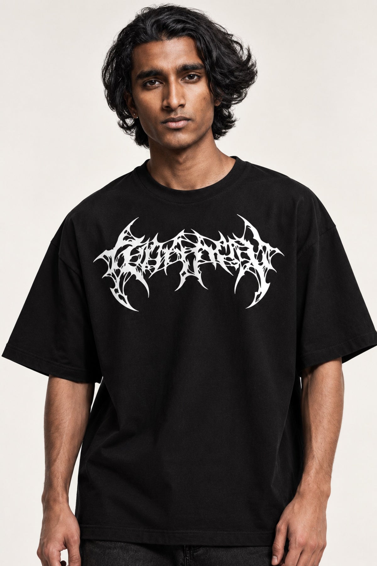 Black oversized tshirt with death metal text on front and white dark angel wings spine graphic on back, drop shoulder boxy fit, men India