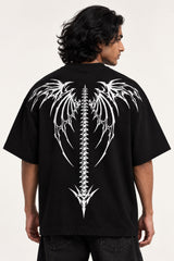 Black oversized tshirt with death metal text on front and white dark angel wings spine graphic on back, drop shoulder boxy fit, men India