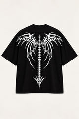 Black oversized tshirt with death metal text on front and white dark angel wings spine graphic on back, drop shoulder boxy fit, men India - black