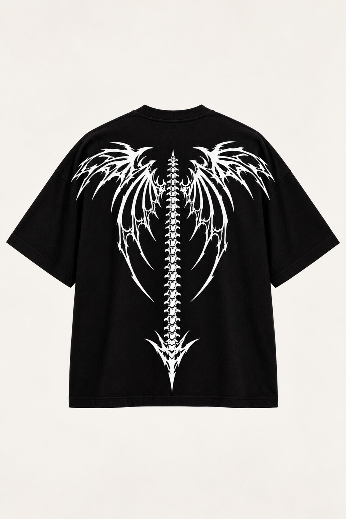Black oversized tshirt with death metal text on front and white dark angel wings spine graphic on back, drop shoulder boxy fit, men India - black